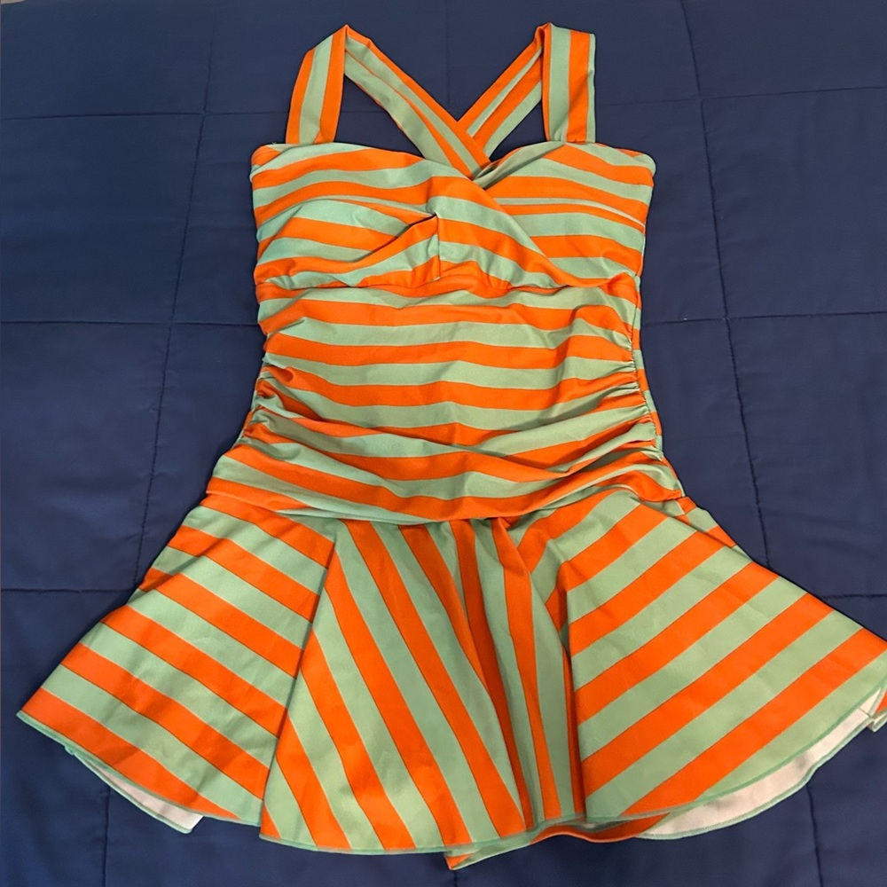 Orange and Green Striped Swim Dress